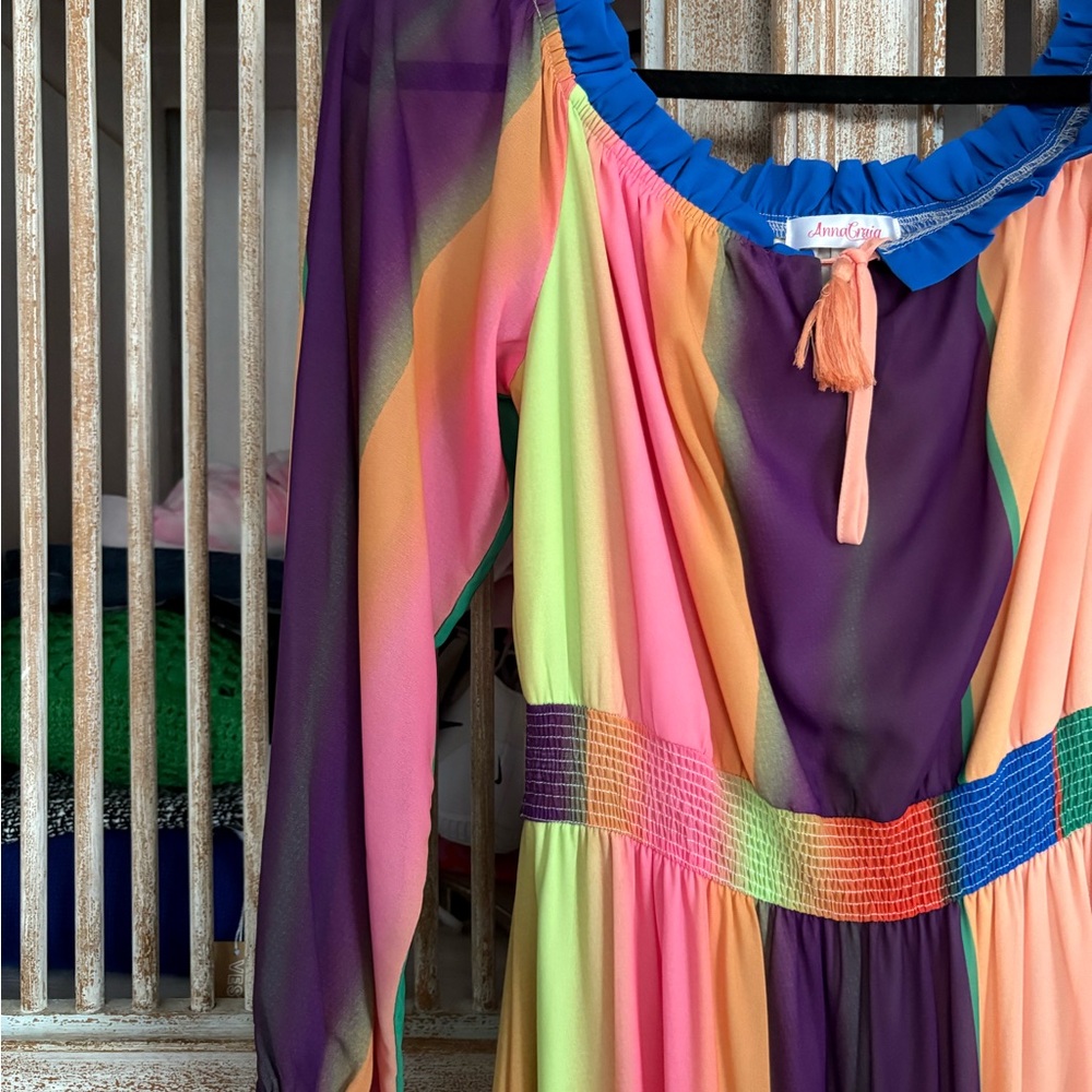 Multicolor Off-Shoulder Boho Maxi Dress Boutique - Picture 7 of 9